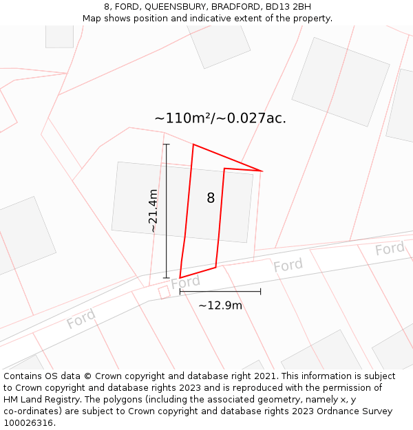 8, FORD, QUEENSBURY, BRADFORD, BD13 2BH: Plot and title map