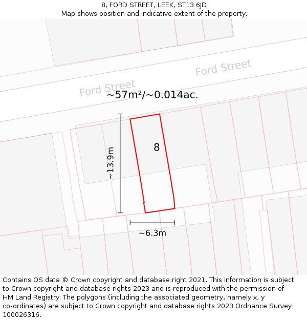 8, FORD STREET, LEEK, ST13 6JD: Plot and title map