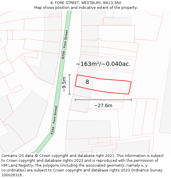 8, FORE STREET, WESTBURY, BA13 3AX: Plot and title map