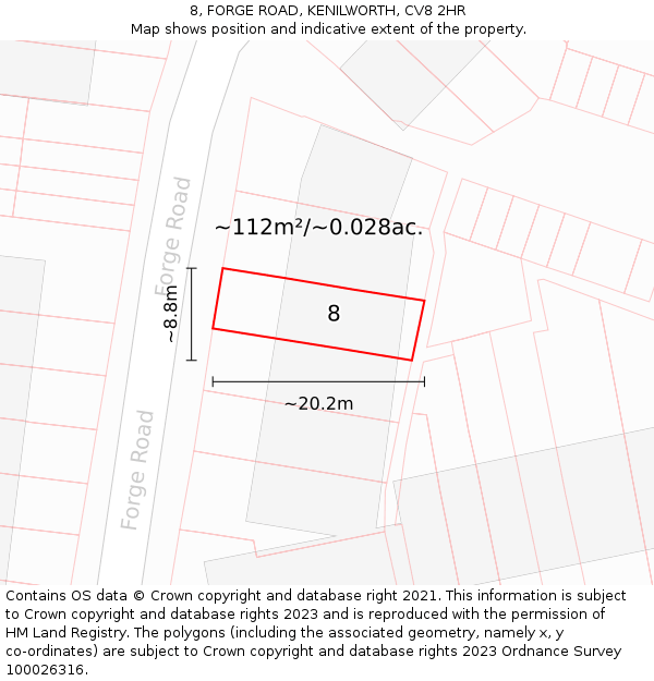 8, FORGE ROAD, KENILWORTH, CV8 2HR: Plot and title map