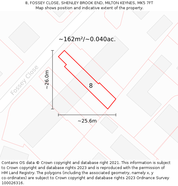 8, FOSSEY CLOSE, SHENLEY BROOK END, MILTON KEYNES, MK5 7FT: Plot and title map