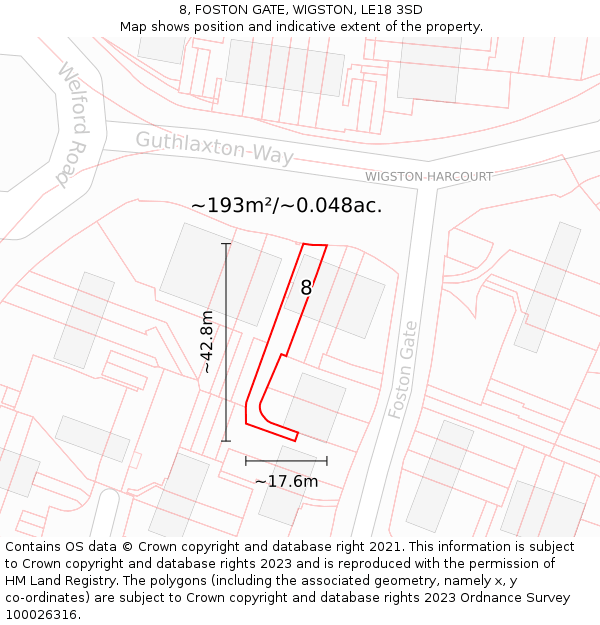 8, FOSTON GATE, WIGSTON, LE18 3SD: Plot and title map