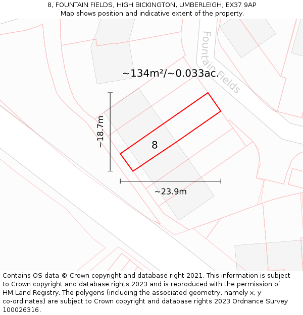 8, FOUNTAIN FIELDS, HIGH BICKINGTON, UMBERLEIGH, EX37 9AP: Plot and title map