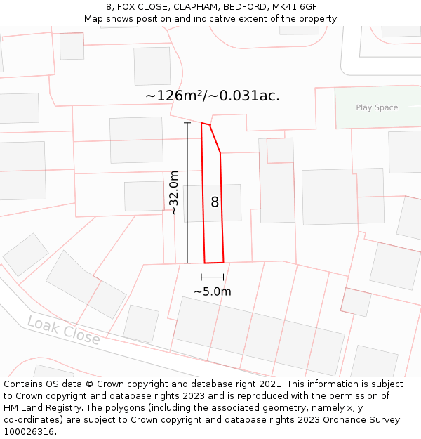 8, FOX CLOSE, CLAPHAM, BEDFORD, MK41 6GF: Plot and title map