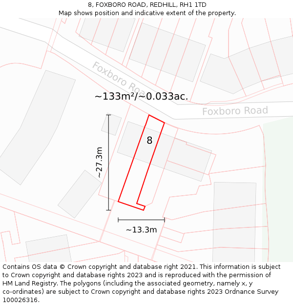 8, FOXBORO ROAD, REDHILL, RH1 1TD: Plot and title map