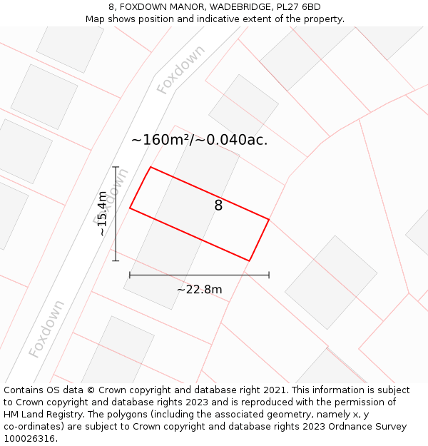 8, FOXDOWN MANOR, WADEBRIDGE, PL27 6BD: Plot and title map