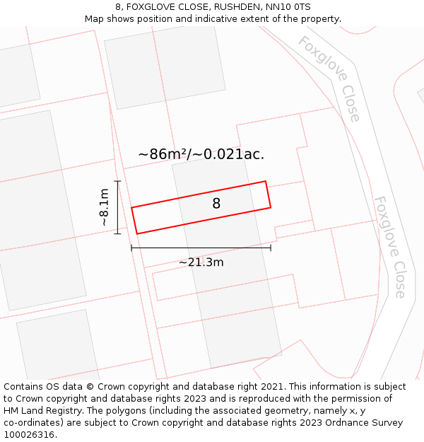 8, FOXGLOVE CLOSE, RUSHDEN, NN10 0TS: Plot and title map