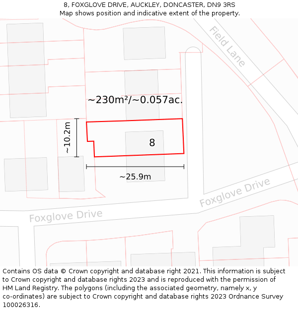 8, FOXGLOVE DRIVE, AUCKLEY, DONCASTER, DN9 3RS: Plot and title map