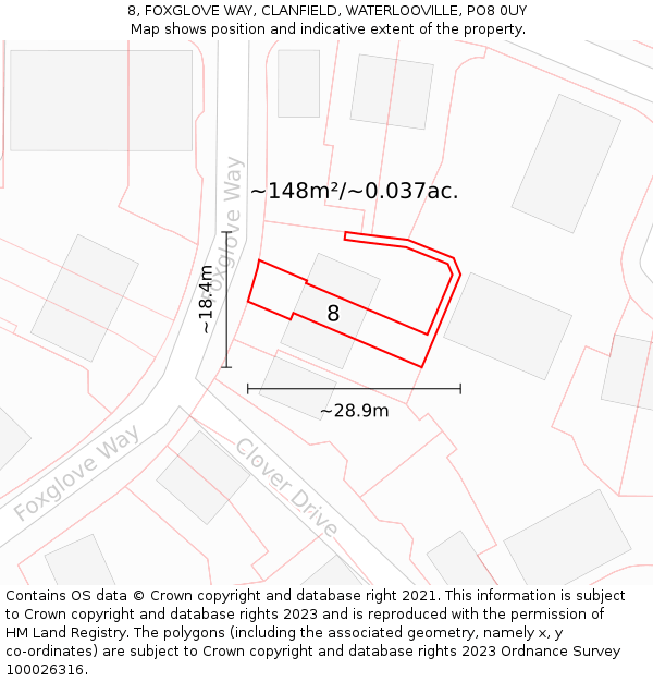 8, FOXGLOVE WAY, CLANFIELD, WATERLOOVILLE, PO8 0UY: Plot and title map