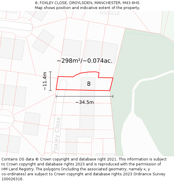 8, FOXLEY CLOSE, DROYLSDEN, MANCHESTER, M43 6HS: Plot and title map