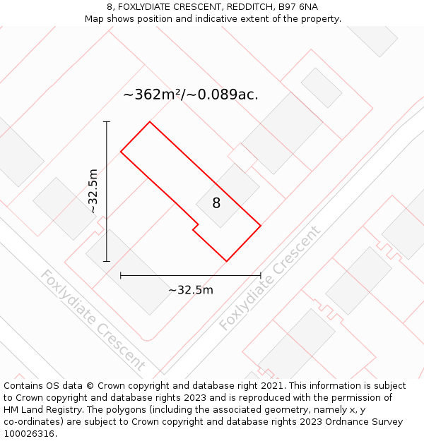 8, FOXLYDIATE CRESCENT, REDDITCH, B97 6NA: Plot and title map