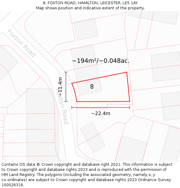 8, FOXTON ROAD, HAMILTON, LEICESTER, LE5 1AY: Plot and title map