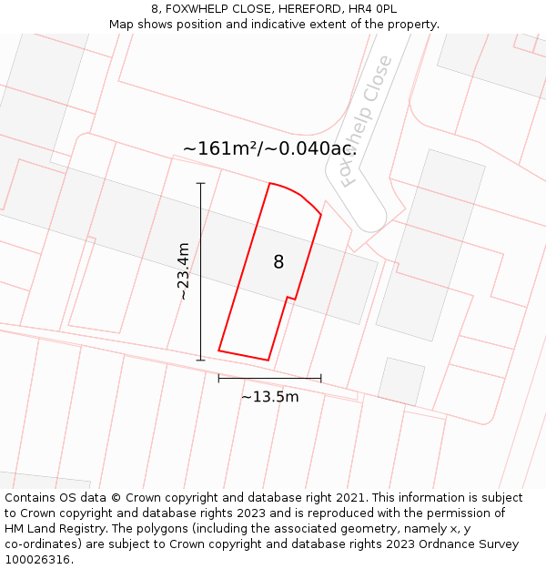 8, FOXWHELP CLOSE, HEREFORD, HR4 0PL: Plot and title map