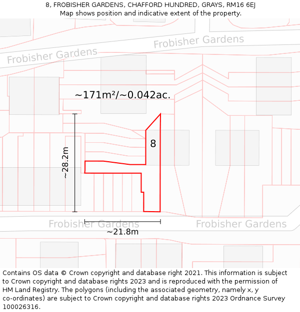 8, FROBISHER GARDENS, CHAFFORD HUNDRED, GRAYS, RM16 6EJ: Plot and title map