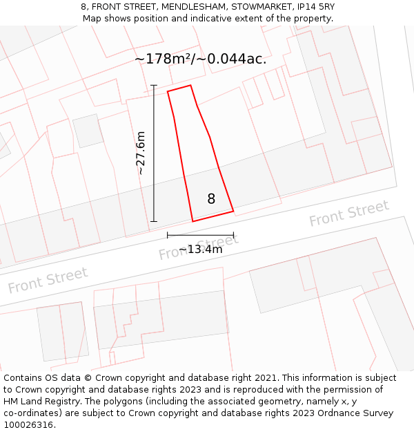 8, FRONT STREET, MENDLESHAM, STOWMARKET, IP14 5RY: Plot and title map