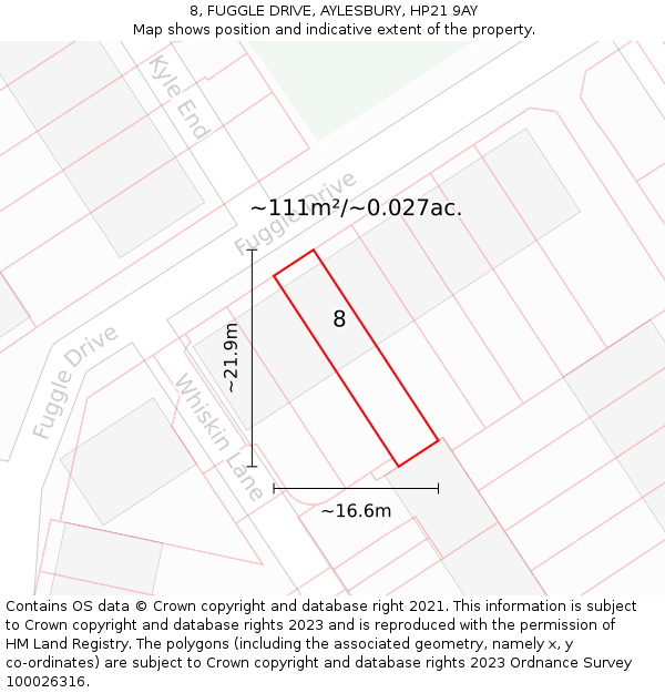 8, FUGGLE DRIVE, AYLESBURY, HP21 9AY: Plot and title map