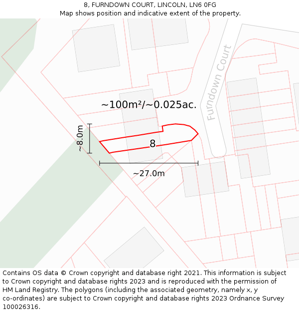 8, FURNDOWN COURT, LINCOLN, LN6 0FG: Plot and title map