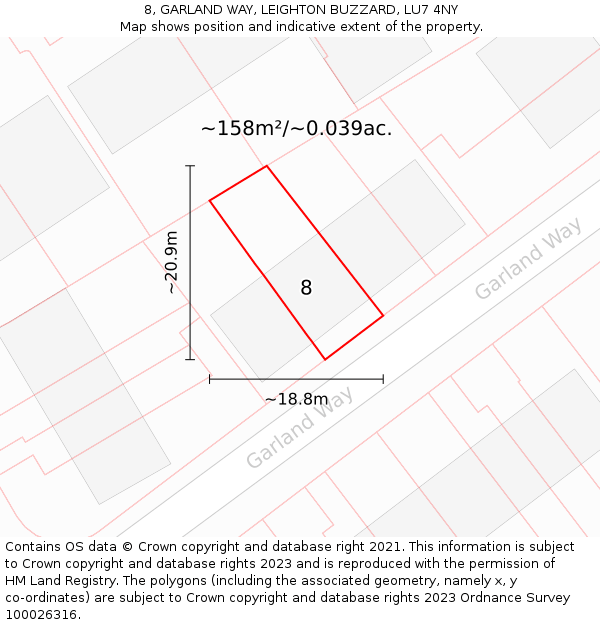 8, GARLAND WAY, LEIGHTON BUZZARD, LU7 4NY: Plot and title map