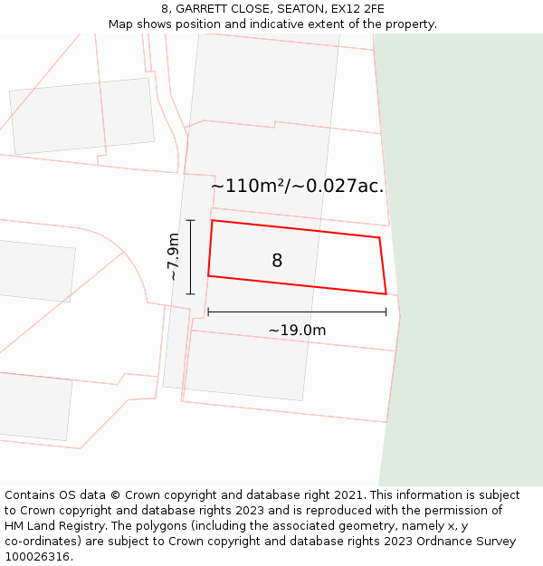 8, GARRETT CLOSE, SEATON, EX12 2FE: Plot and title map