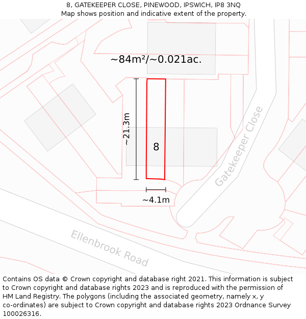 8, GATEKEEPER CLOSE, PINEWOOD, IPSWICH, IP8 3NQ: Plot and title map