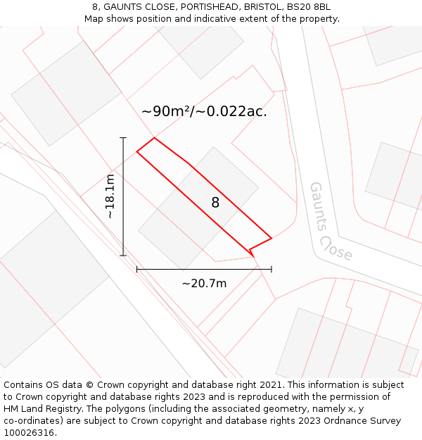 8, GAUNTS CLOSE, PORTISHEAD, BRISTOL, BS20 8BL: Plot and title map