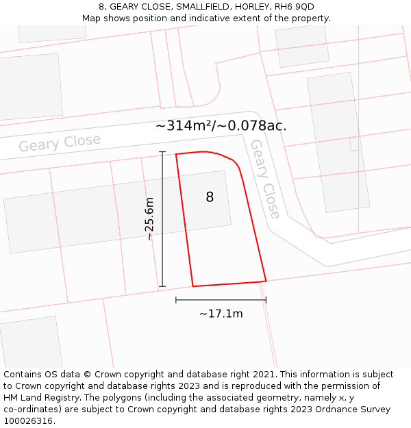 8, GEARY CLOSE, SMALLFIELD, HORLEY, RH6 9QD: Plot and title map