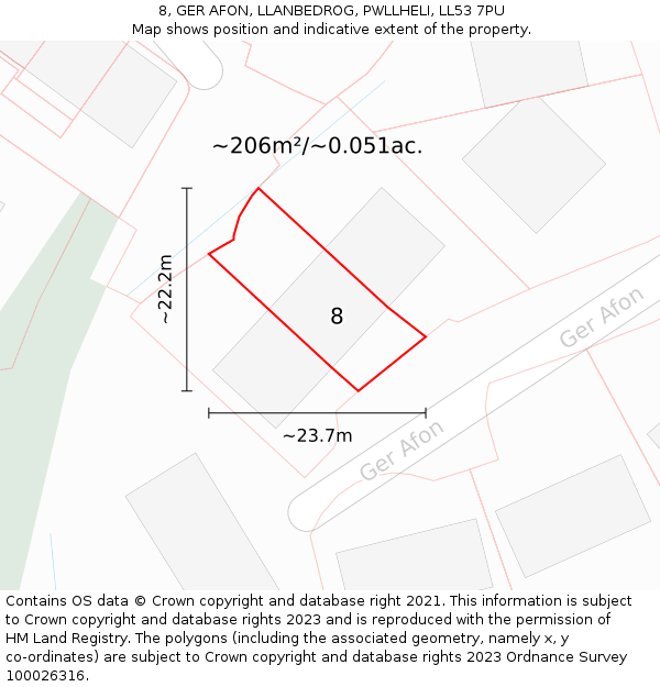 8, GER AFON, LLANBEDROG, PWLLHELI, LL53 7PU: Plot and title map