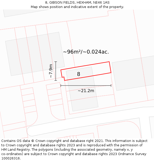 8, GIBSON FIELDS, HEXHAM, NE46 1AS: Plot and title map