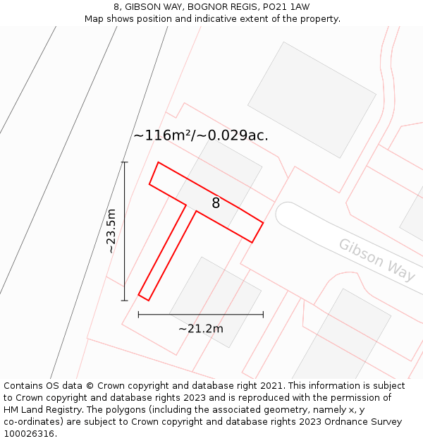 8, GIBSON WAY, BOGNOR REGIS, PO21 1AW: Plot and title map