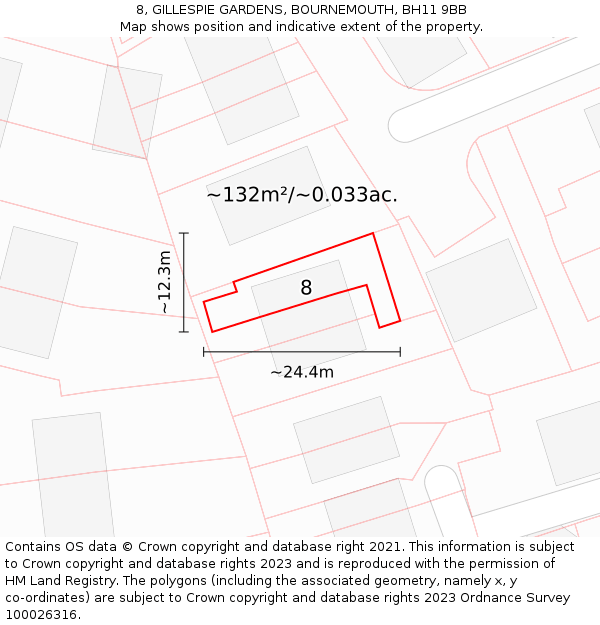 8, GILLESPIE GARDENS, BOURNEMOUTH, BH11 9BB: Plot and title map
