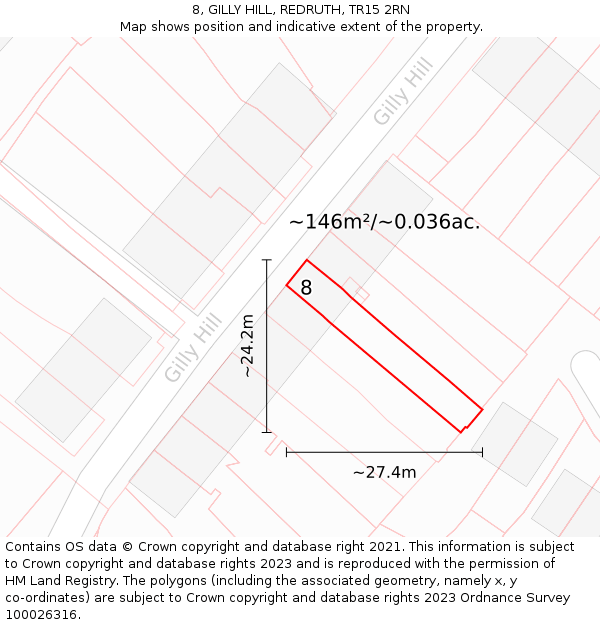 8, GILLY HILL, REDRUTH, TR15 2RN: Plot and title map