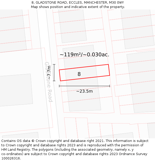 8, GLADSTONE ROAD, ECCLES, MANCHESTER, M30 0WY: Plot and title map