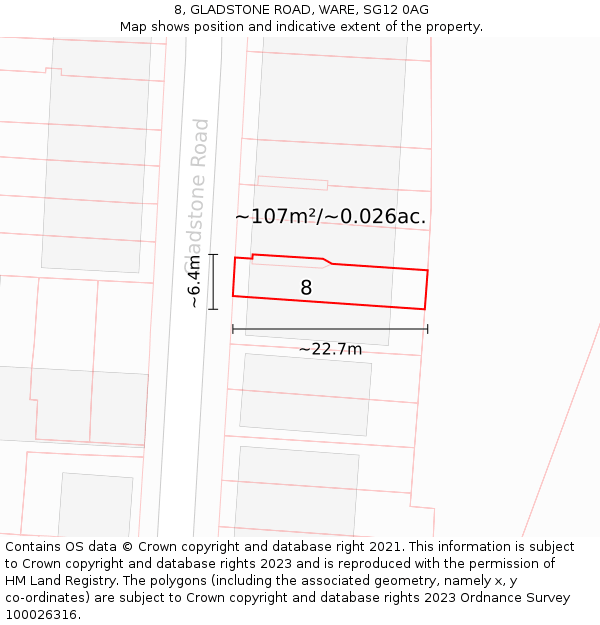 8, GLADSTONE ROAD, WARE, SG12 0AG: Plot and title map