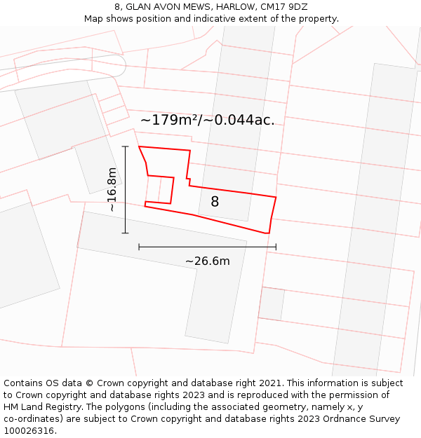 8, GLAN AVON MEWS, HARLOW, CM17 9DZ: Plot and title map