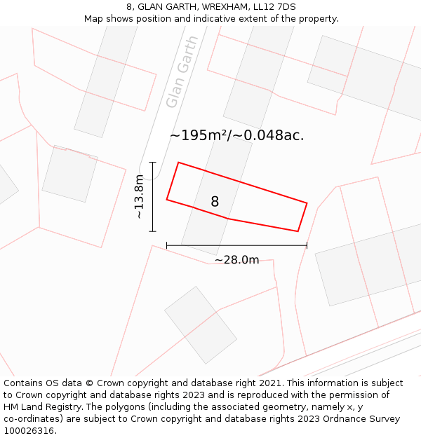 8, GLAN GARTH, WREXHAM, LL12 7DS: Plot and title map