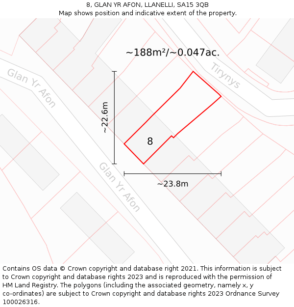 8, GLAN YR AFON, LLANELLI, SA15 3QB: Plot and title map