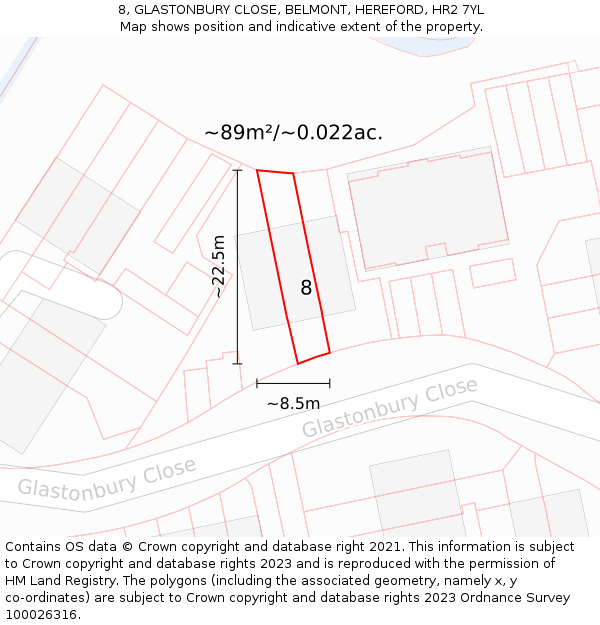 8, GLASTONBURY CLOSE, BELMONT, HEREFORD, HR2 7YL: Plot and title map