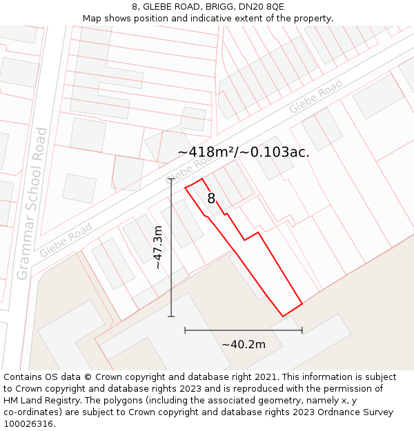 8, GLEBE ROAD, BRIGG, DN20 8QE: Plot and title map