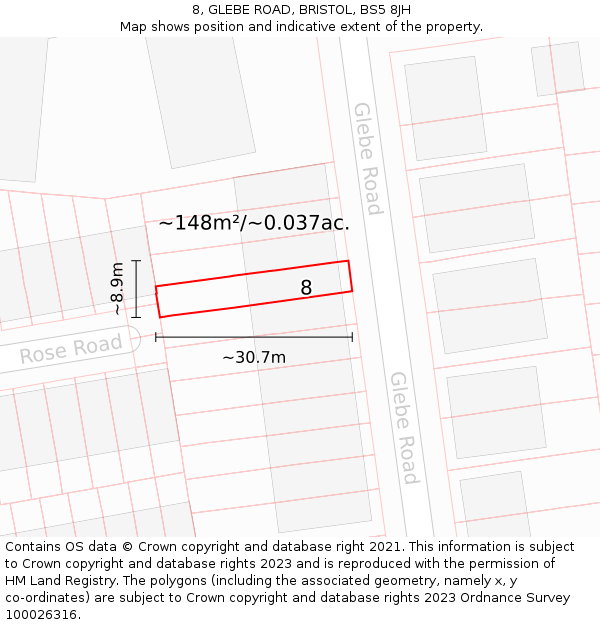 8, GLEBE ROAD, BRISTOL, BS5 8JH: Plot and title map