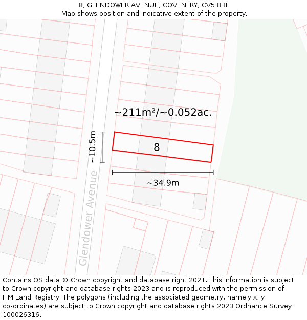 8, GLENDOWER AVENUE, COVENTRY, CV5 8BE: Plot and title map
