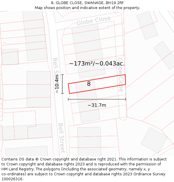 8, GLOBE CLOSE, SWANAGE, BH19 2RF: Plot and title map