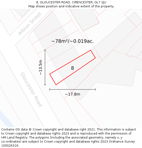 8, GLOUCESTER ROAD, CIRENCESTER, GL7 2JU: Plot and title map