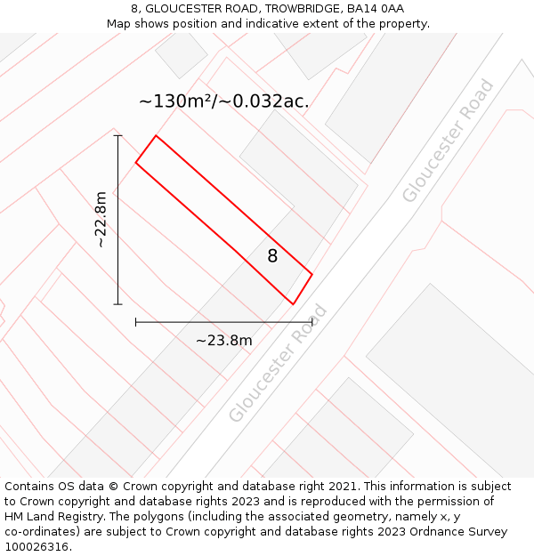 8, GLOUCESTER ROAD, TROWBRIDGE, BA14 0AA: Plot and title map