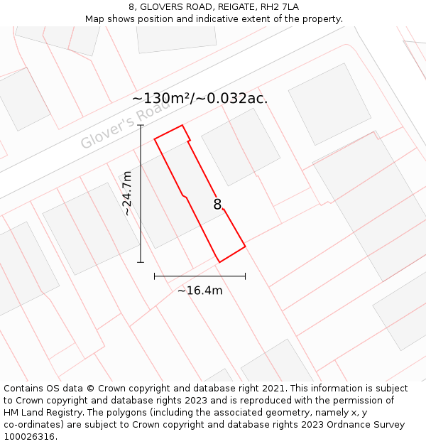 8, GLOVERS ROAD, REIGATE, RH2 7LA: Plot and title map