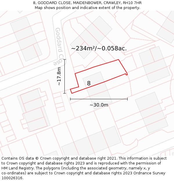 8, GODDARD CLOSE, MAIDENBOWER, CRAWLEY, RH10 7HR: Plot and title map