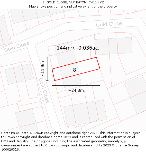 8, GOLD CLOSE, NUNEATON, CV11 4XZ: Plot and title map