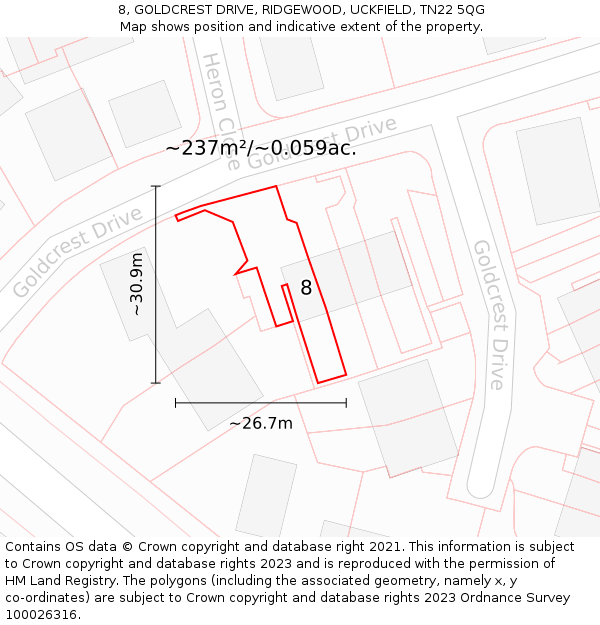 8, GOLDCREST DRIVE, RIDGEWOOD, UCKFIELD, TN22 5QG: Plot and title map