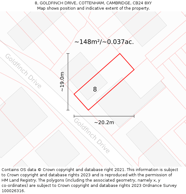 8, GOLDFINCH DRIVE, COTTENHAM, CAMBRIDGE, CB24 8XY: Plot and title map
