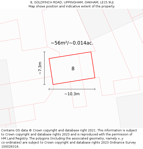 8, GOLDFINCH ROAD, UPPINGHAM, OAKHAM, LE15 9UJ: Plot and title map