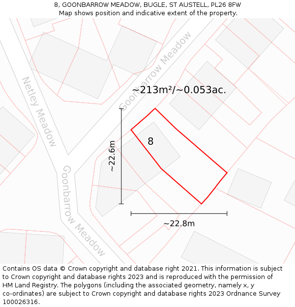 8, GOONBARROW MEADOW, BUGLE, ST AUSTELL, PL26 8FW: Plot and title map